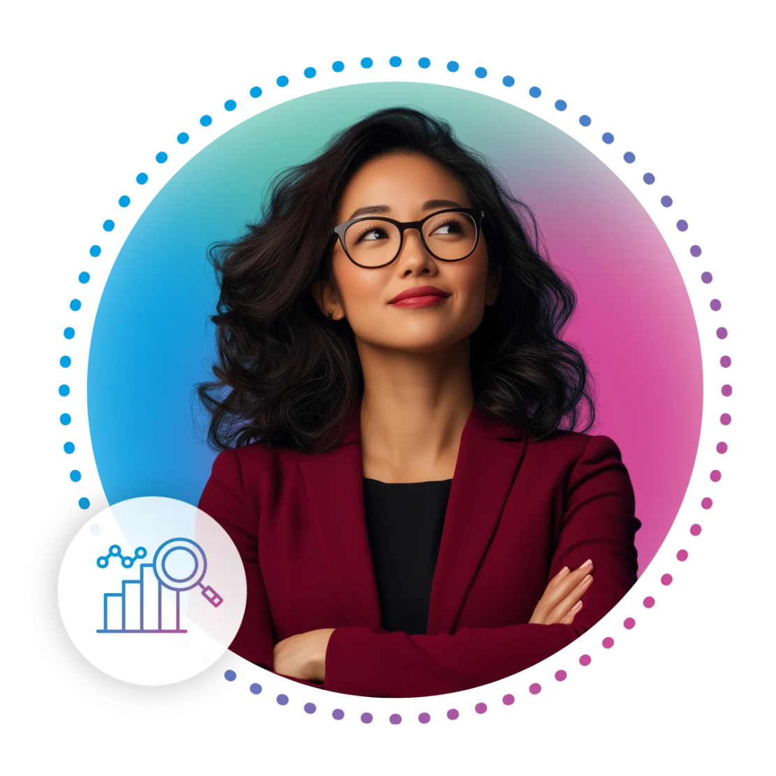 woman with glasses wearing a dark red blazer