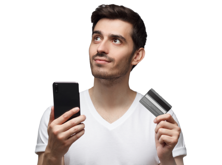Man with bank debit credit card cell phone