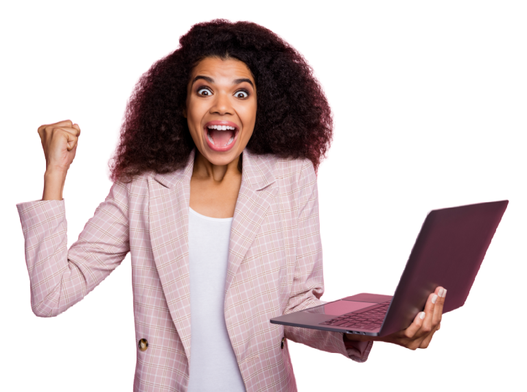 excited woman with laptop computer